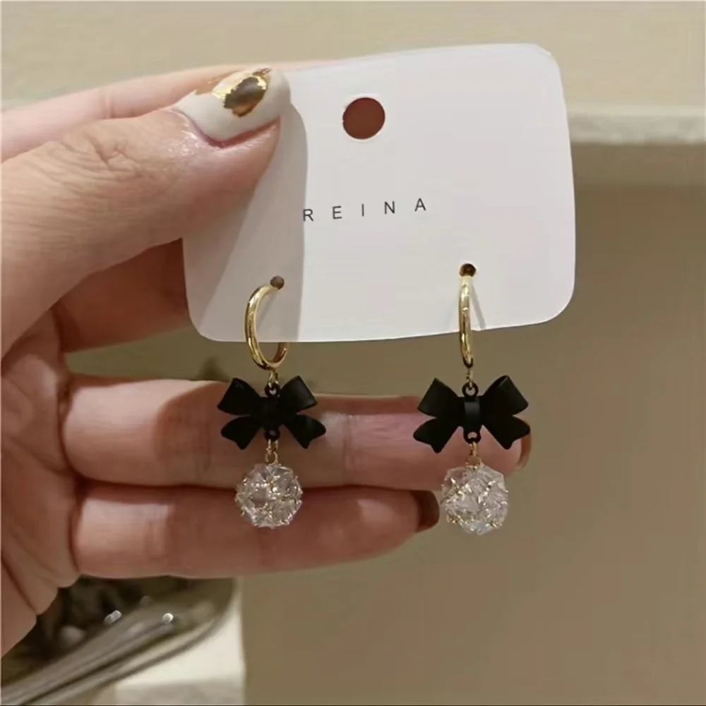 Diamond Ball Earrings with Bowknot Shape Pendant - Picture 5 of 7